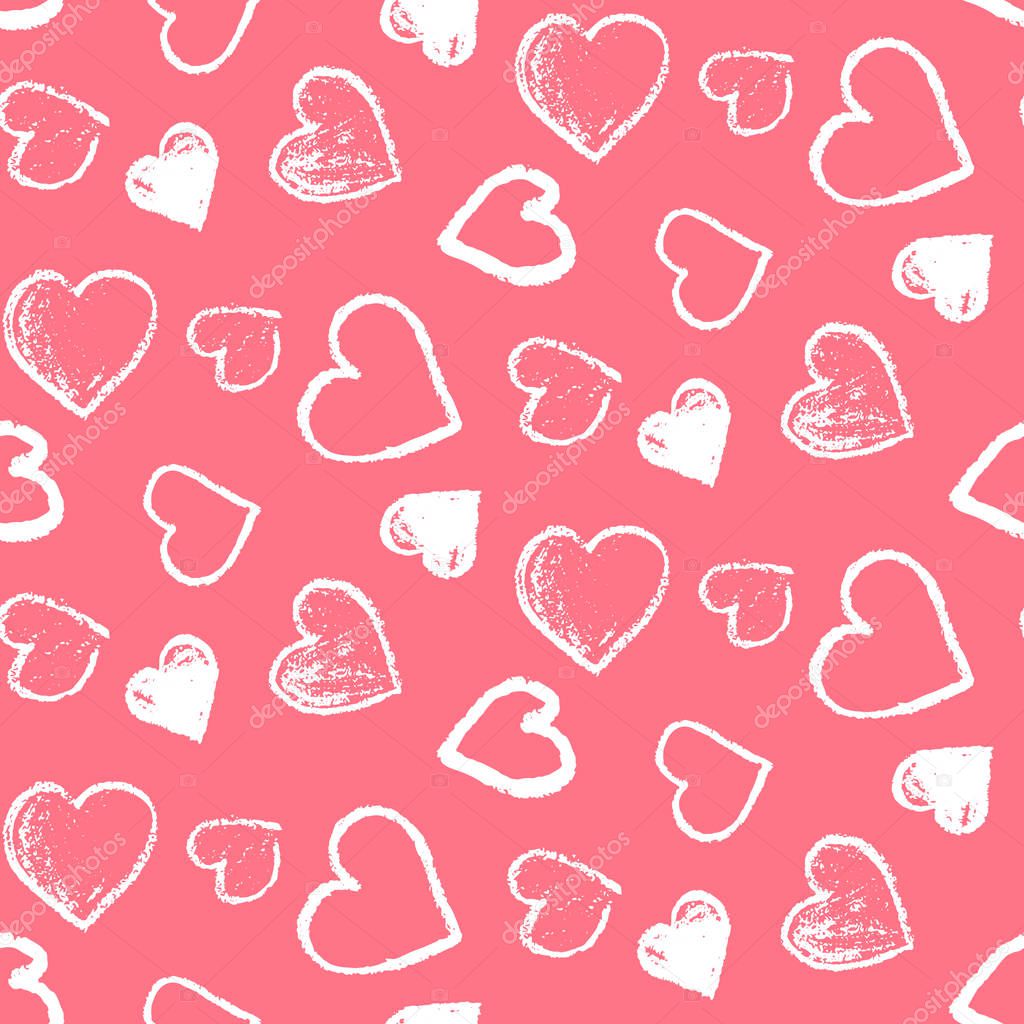 Pattern with cute grunge white hearts on pink