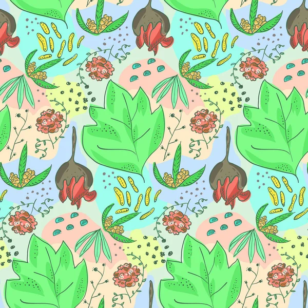 Αστεία παιδιά doodle μοτίβο με φύλλα και λουλούδια — Διανυσματικό Αρχείο