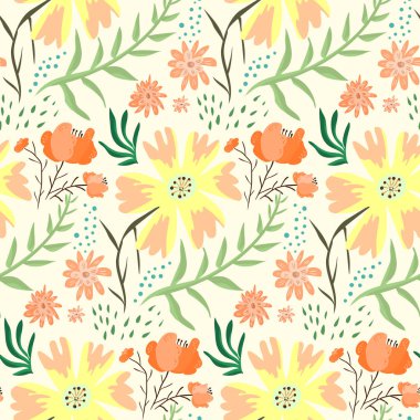 Parlak kırmızı ve turuncu çiçek yaz desen