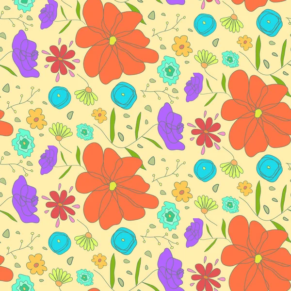 Jasne ciepłe wzór z kolorowych kwiatów szkicu — Wektor stockowy