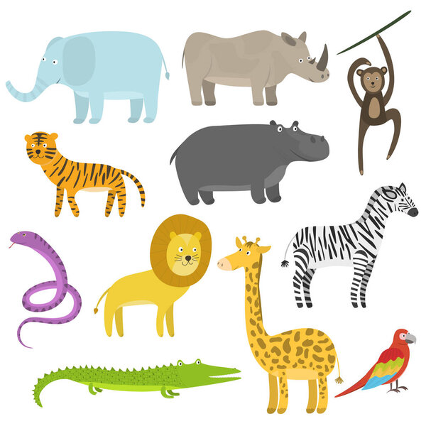 Cute cartoon flat tropical and jungle animals set