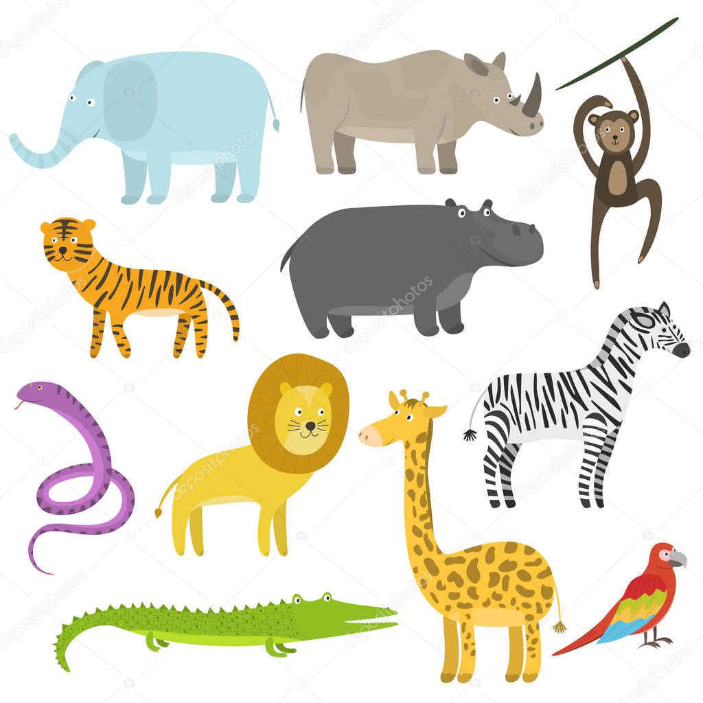 Cute cartoon flat tropical and jungle animals set. Childish illustration of savanna or safari animals for kids book design, stickers, educational and fun games, print, coloring books, mobile apps