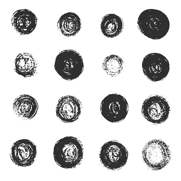 Set of black grunge scratched round textures — Stock Vector