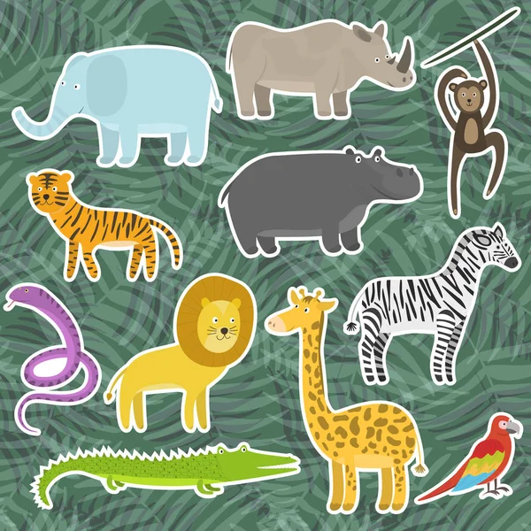 Autocollants animaux tropicaux et jungle dessin animé mignon — Image vectorielle