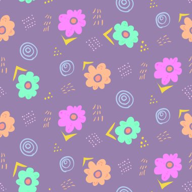 İhale soluk mor çiçek desenli doodle