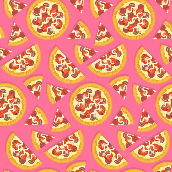 Επίπεδη νόστιμη Ιταλική Πίτσα μοτίβο σε ροζ — Διανυσματικό Αρχείο