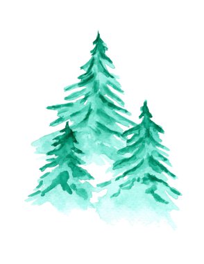 Watercolor background with green fir forest