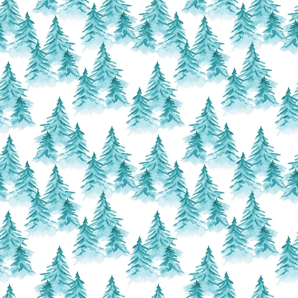 Симпатичный акварельный узор с синими снежными елками — стоковое фото