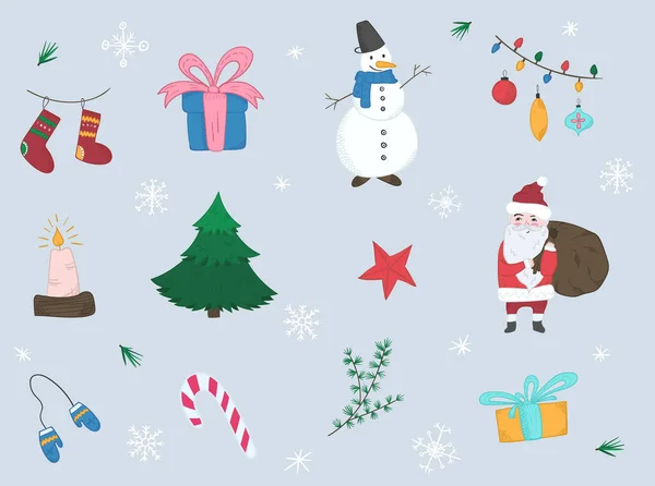 Carino serie di cartoni animati di elementi di Natale luminosi — Vettoriale Stock