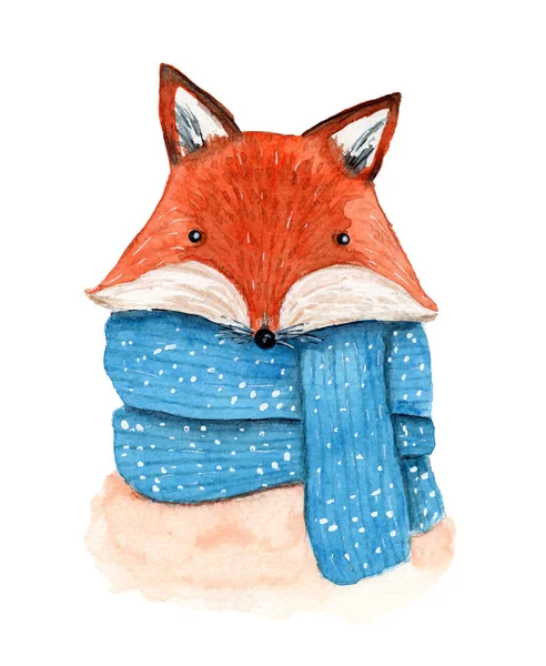 Natal bonito aquarela raposa em grande cachecol azul — Fotografia de Stock