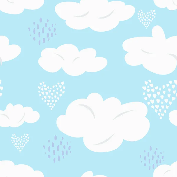 Niedliches Muster mit weißen Wolken und Herzen am Himmel — Stockvektor