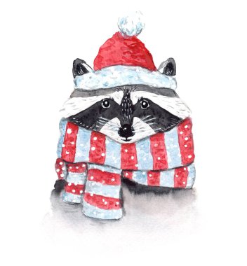 Eşarp ve şapkalı tatlı Noel suluboya rakunu