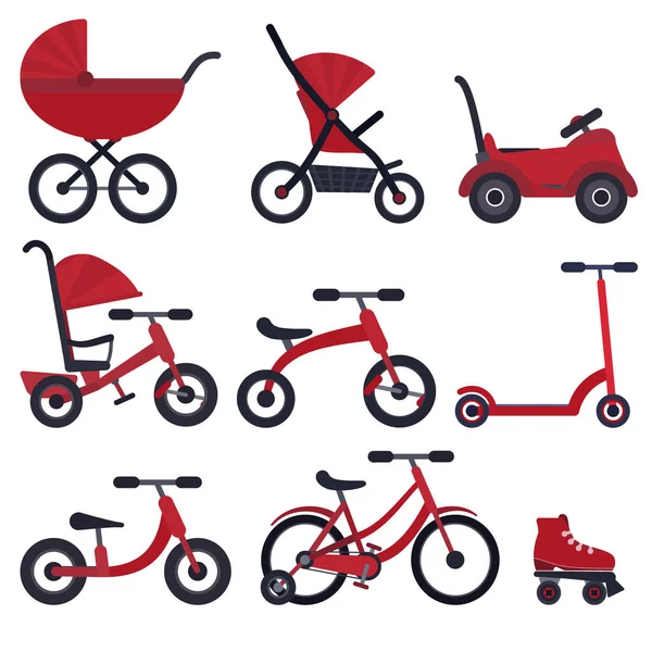 Set di trasporto del bambino vettoriale piatto rosso brillante — Vettoriale Stock