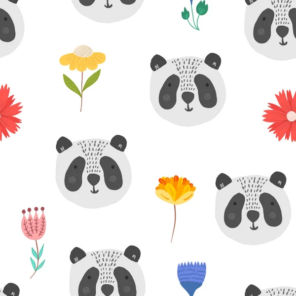 Schattig cartoon patroon met panda hoofden en bloemen — Stockvector