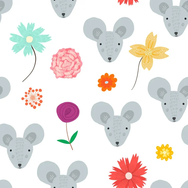 Schattig patroon met muiskoppen en doodle bloemen — Stockvector