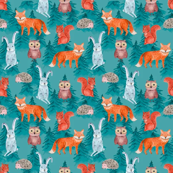 Watercolor pattern with cute animals in forest — 스톡 사진