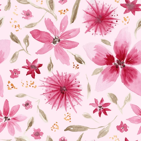 Beautiful pink pattern with watercolor flowers