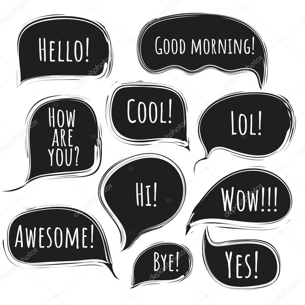 Stylish black vector speech comic bubbles with lined ragged edges. Collection of message clouds with Hello, Hi, Wow, Awesome, Bye title. Communication symbols for talk advertisement, web design