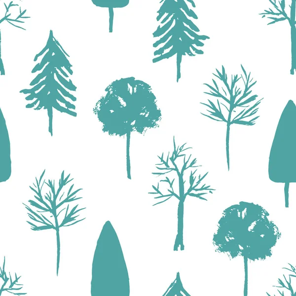 Blåa och gröna handritade bläckträd mönster — Stock vektor