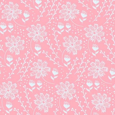 Tender pink floral pattern with flowers and herbs