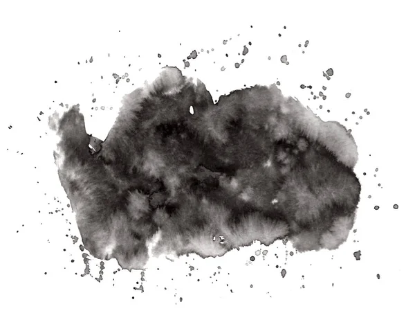 Expressive black ink watercolor stain with drops — Stock Photo, Image