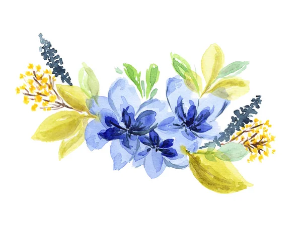 明るい水彩青と黄色の花の花束 — ストック写真