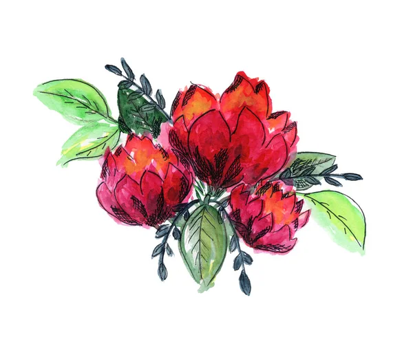 Parlak suluboya kırmızı ve yeşil çiçek buketi — Stok fotoğraf