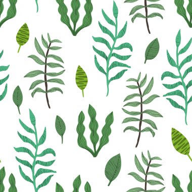 Sevimli yeşil el çizilmiş yapraklar ve dallar deseni
