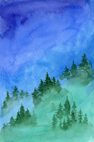 Watercolor hand drawn landscape with green trees and blue sky. Bright nature illustration for travel background decoration, wallpaper, banner, greeting card