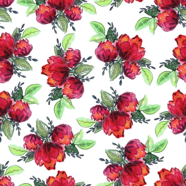 Beau motif de fleurs aquarelle rouge vif — Photo