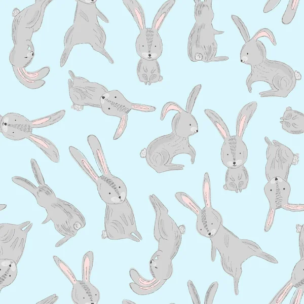 Tender blauw babypatroon met schattige grijze konijnen — Stockvector