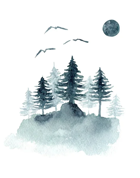 Akvarell bakgrund med grå firs och fåglar — Stockfoto