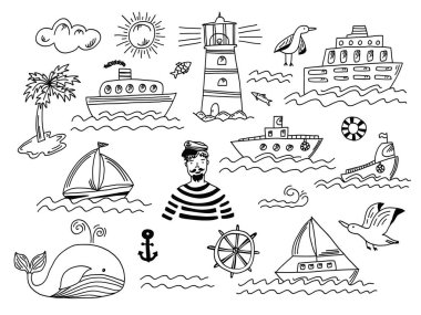 Siyah ana hatlı karalama deniz elementleri koleksiyonu