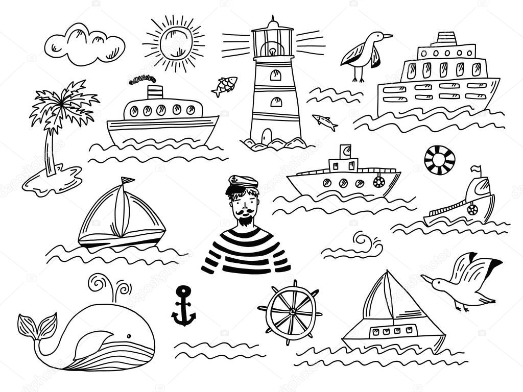 Collection of black outline doodle sea elements