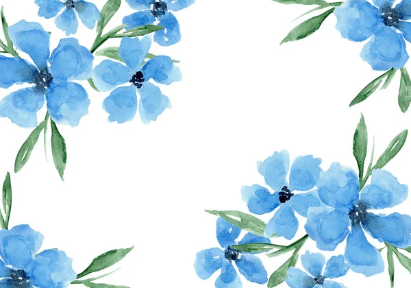 Delicate watercolor blue flowers horizontal frame — Stock Photo, Image