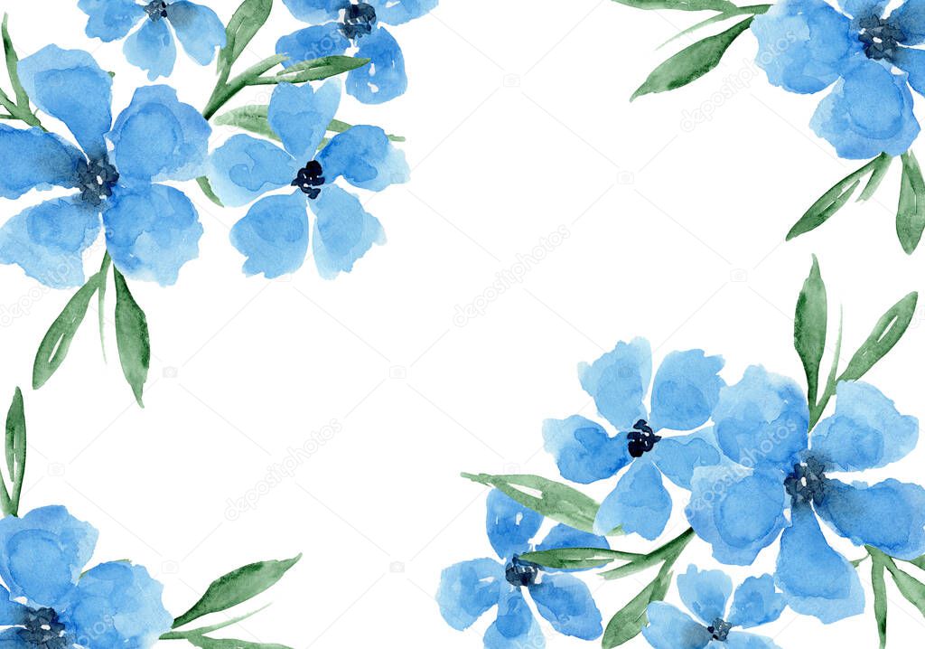 Delicate watercolor blue flowers horizontal frame