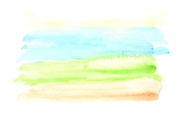 Açık mavi, yeşil ve sarı suluboya manzara