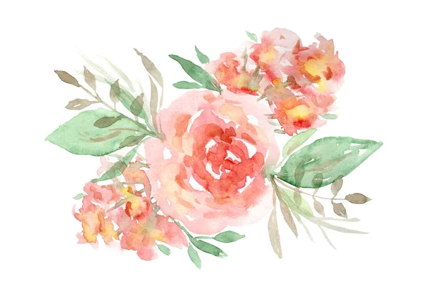 Watercolor red and orange roses floral bouquet