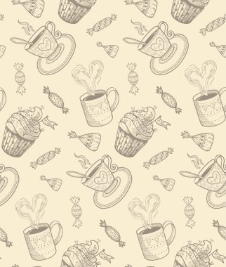 Kroki Kahve kupaları ve tatlılar.