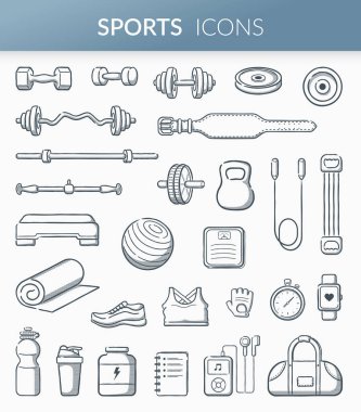 Spor ekipmanları koleksiyonu.