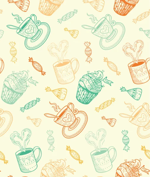 Sketch coffee cups and sweets.