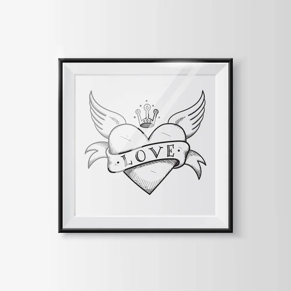 Heart with wings sketch in a frame. — Stock Vector