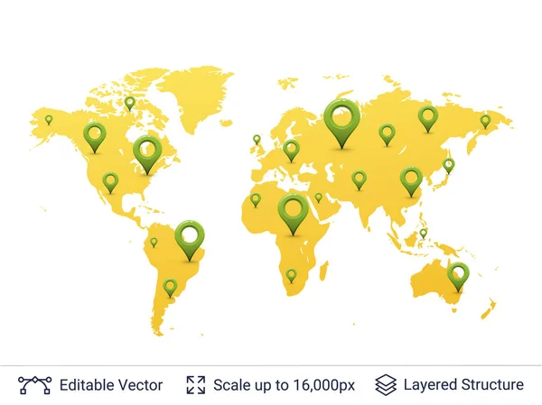 Localización pins en el mapa del mundo . — Vector de stock