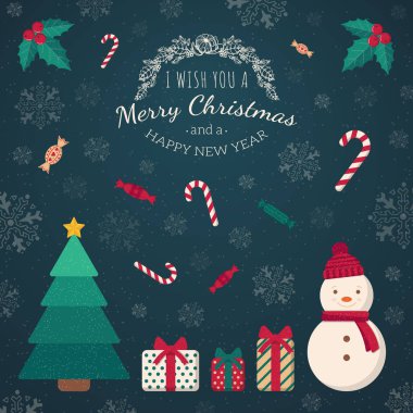 Noel ağacı oyuncaklar ve tebrik metin.