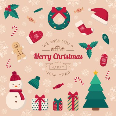 Noel ağacı oyuncaklar ve tebrik metin.