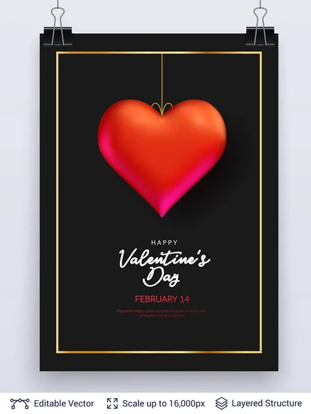 Red heart and luxurious golden frame on black. — Stock Vector