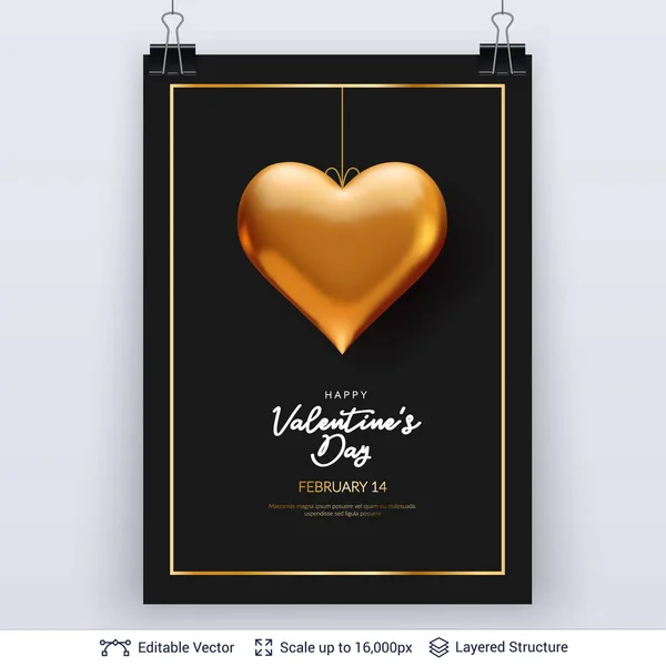 Golden heart and luxurious golden frame on black. — Stock Vector