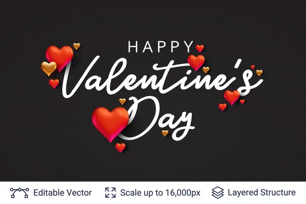 Happy Valentines day text and 3D hearts on black. — Stock Vector