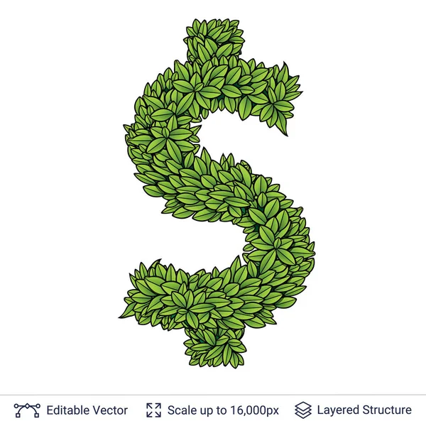 Dollarwährung Zeichen der grünen Blätter. — Stockvektor