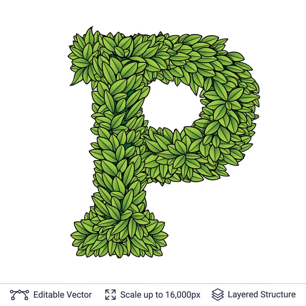 Letter P symbol of green leaves. — Stock Vector
